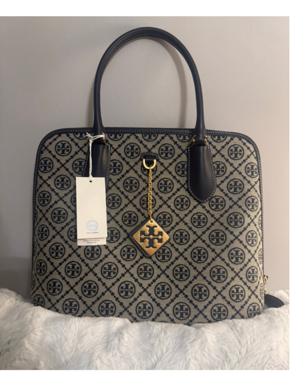 NWT Tory Burch T Monogram Swing Bag Navy Jacquard Top Handle Satchel - Picture 2 of 16